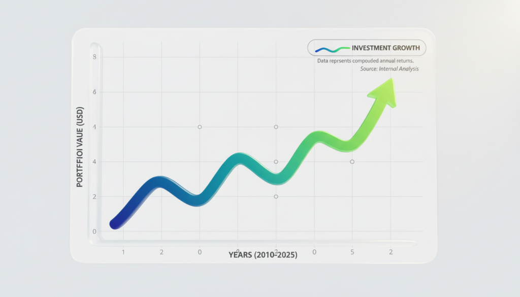 ilustração simples de um gráfico subindo suavemente, com cores suaves, mostrando crescimento gradual de um investimento.