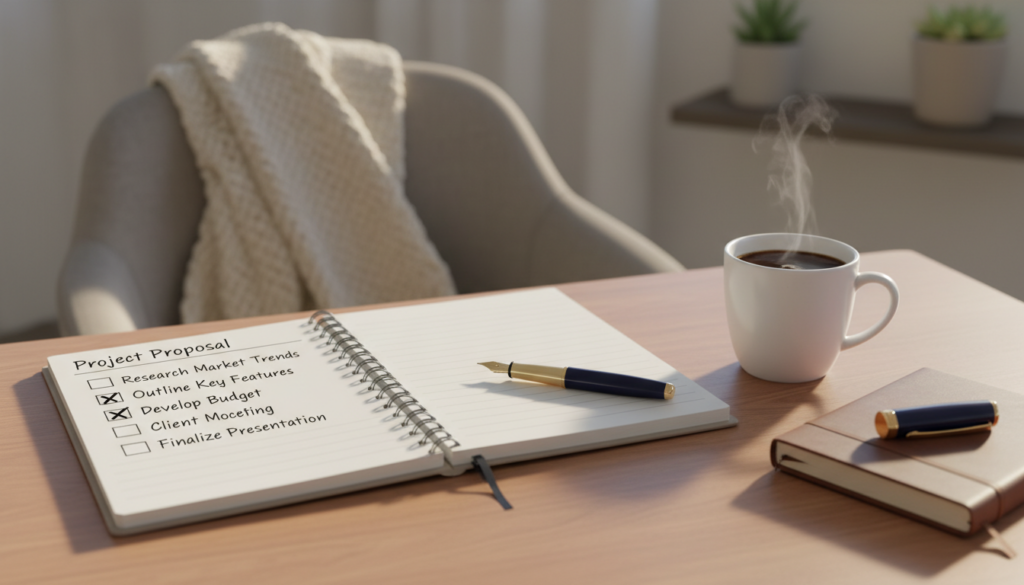
caderno aberto com um checklist, algumas tarefas marcadas como concluídas, ao lado de uma caneta e uma xícara de café.